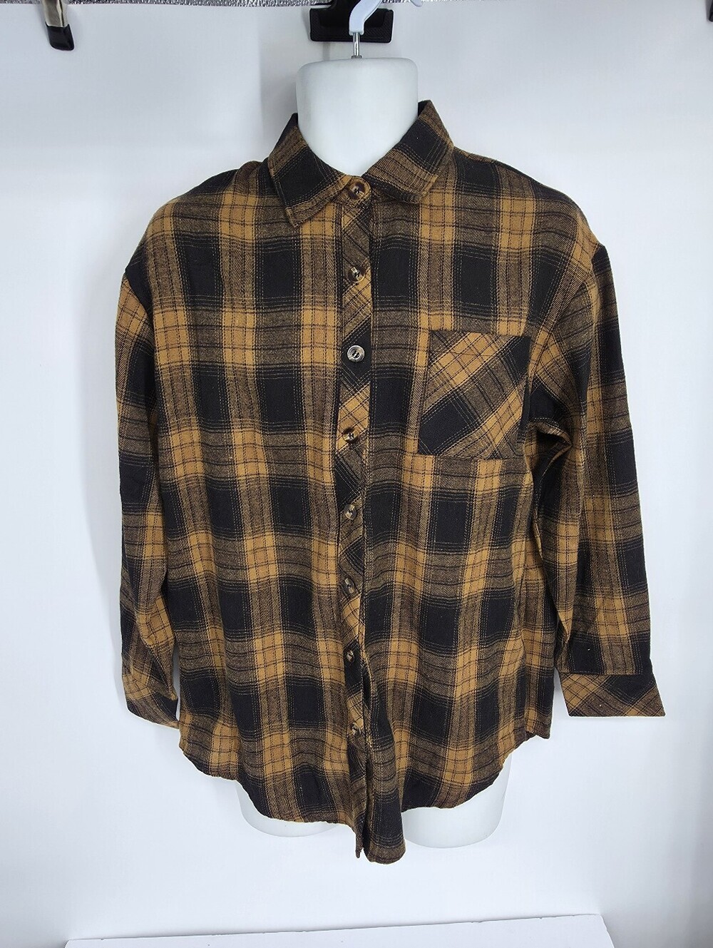 CHYRII Mustard Black Plaid Flannel Shirt S Oversized Gorpcore NWT